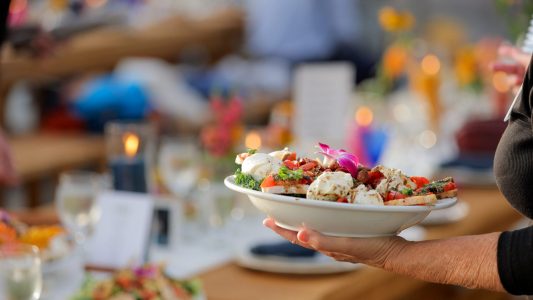 A person holds a plate of assorted appetizers, including salad and cheese, at a table set for a meal.