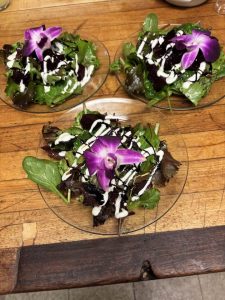 Three small salads with mixed greens, drizzled dressing, and a purple flower garnish on clear plates on a wooden table.